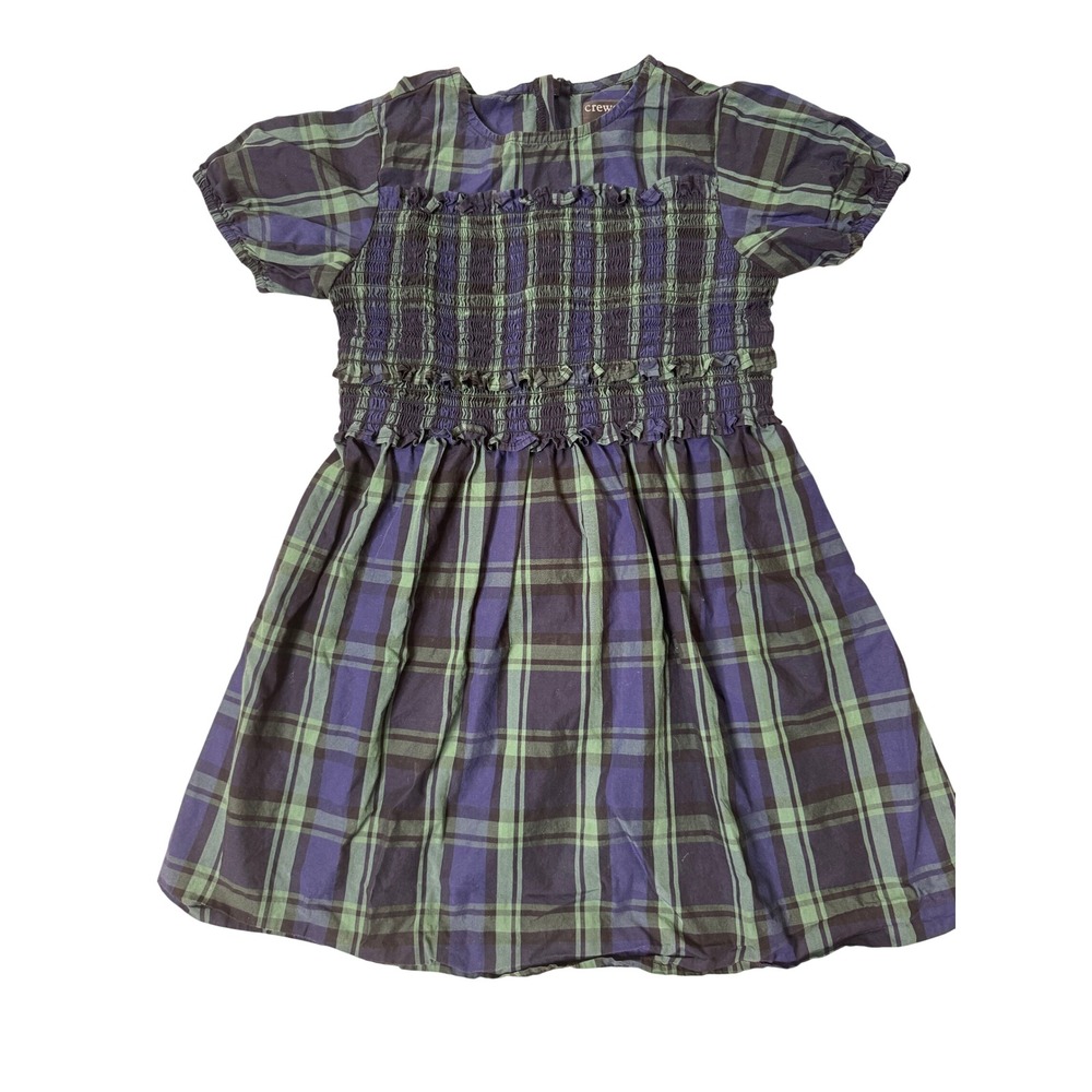 Crewcuts J.Crew Girls Navy Blue Green Plaid Smocked Cotton Dress Size 5